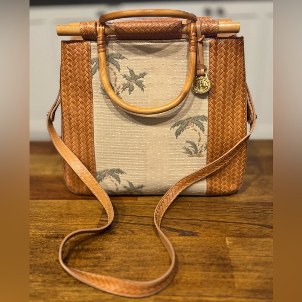 Vintage Brahmin Bamboo Handle Tote | Woven Leather & Tropical Fabric | USA Made
